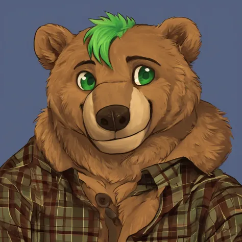 a anthropomorphic grizzly bear with green hair, closed smile, lumberjack shirt, high quality furry art, cute.