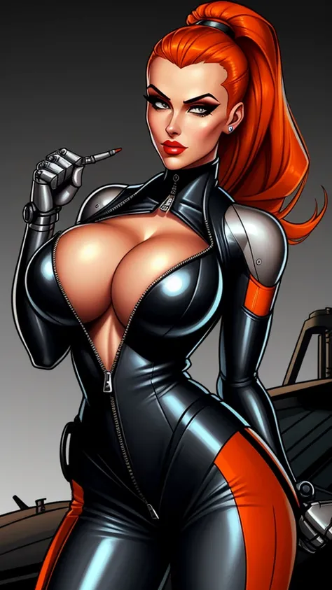 Femme Fatale, gorgeous mechanic, atompunk, blank background, retro-futurism, mechanical hand, cybernetic augments, unzipped orange jumpsuit, gunmetal grey, cleavage, half shaved head, ginger hair