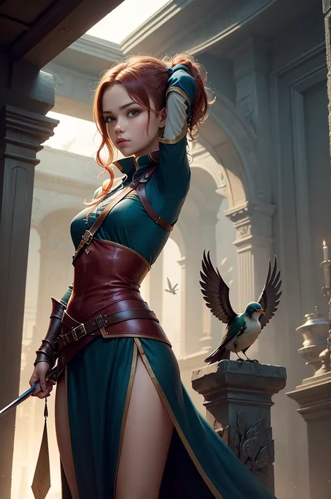 there is a woman with a sword and a helmet with bird wings,   in her hand, removing helmet pose  cgi game style artwork, fantasy...