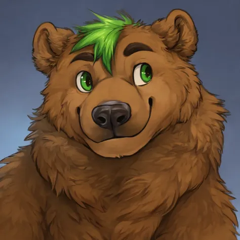 a anthropomorphic grizzly bear with green hair, closed smile, high quality furry art, cute.