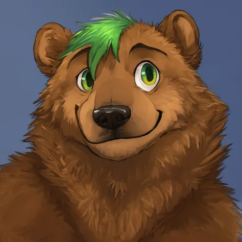 a anthropomorphic grizzly bear with green hair, closed smile, high quality furry art, cute.