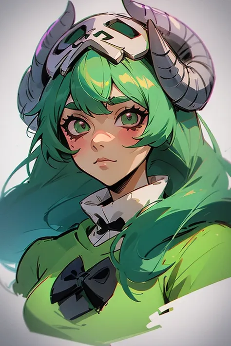 kyllie a drawing of a woman with a hat and green dress, girl design lush horns, colored screen tone, in an anime style, portrait...