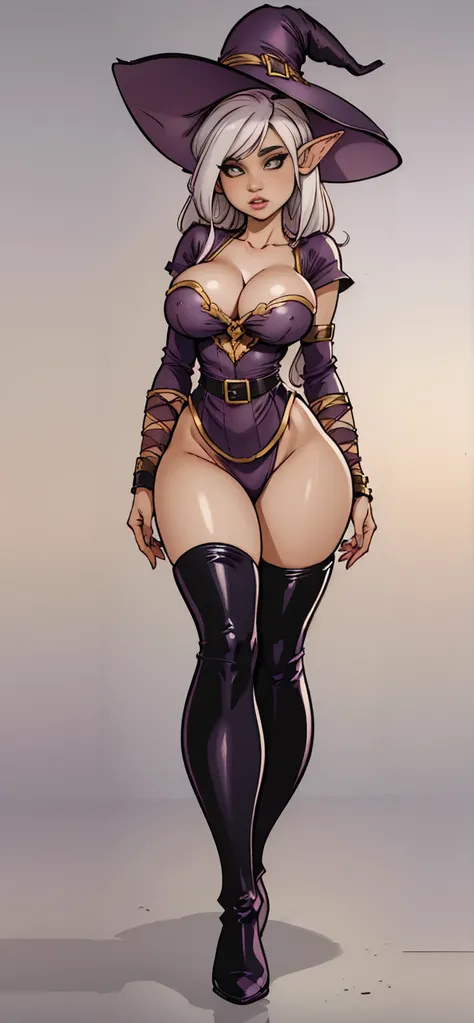 ((big breast, big hips)), (very longer elf ears), (mature), beautiful female, ((very taller height)), white long messy hair, {purple} large witch hat, {purple} cutout cleavage dress, ({purple} pelvic curtain), latex thigh-high cuff boots, witch, full body,...