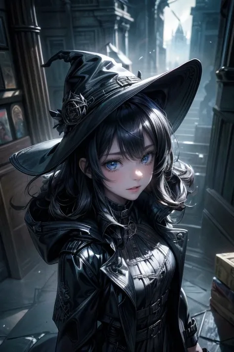 a cute dark-haired witch girl, detailed glowing magic circle on the floor:1.3, extremely detailed witch hat, mischievous smile, wareing extremely detailed (((black trench coat))):1.5, realistic, detailed, high resolution, cinematic lighting, dramatic angle...