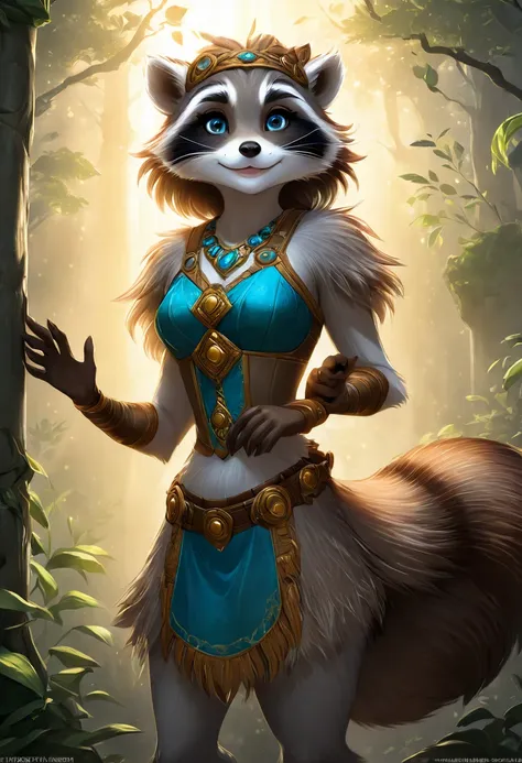 create an illustrated, hand-drawn, full-color image of an anthropomorphic raccoon girl. the artwork should be rendered in the st...