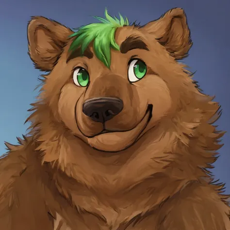 a anthropomorphic grizzly bear with green hair, closed smile, high quality furry art, cute.