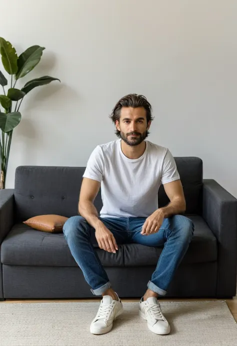 raw photo, (full body), 30-year-old man, casual t-shirt, sitting on the guest sofa, looking towards the viewer, (wearing shoes),...