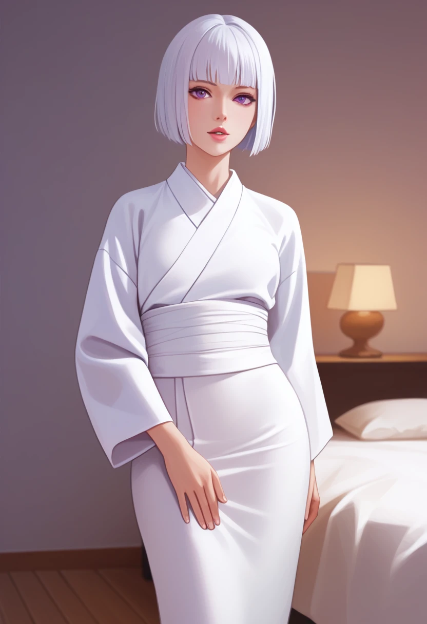 score_9_up, score_8_up, score_7_up, 1girl, solo, mature female, uraume, short white bob hair, purple eyes, pink lips, parted lip...