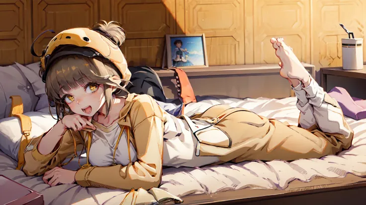 (masterpiece), short hair, brown hair, golden eyes, smile, pajamas, ahoge, open mouth, barefoot, pillow, black hair, on stomach,...