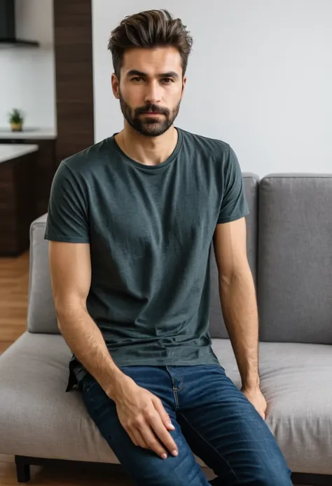 raw photo, (full body), 30-year-old man, casual t-shirt, sitting on the guest sofa, looking towards the viewer, (wearing shoes),...