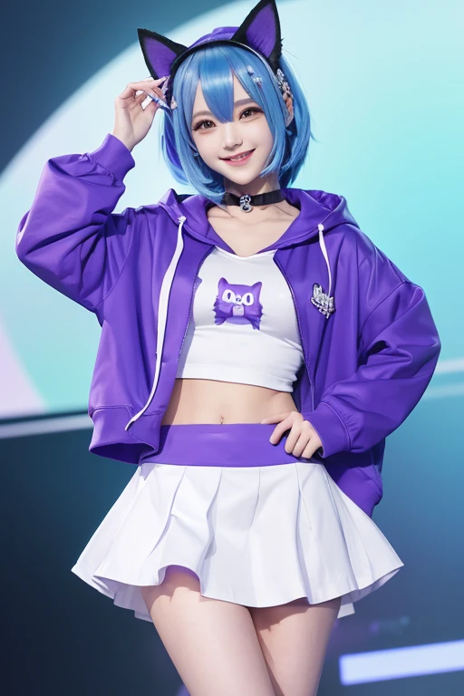 The image depicts an anime-style character with blue hair, a purple hooded outfit, a white cheer skirt, and a black choker. I have cat ears. The character has a smiling expression and is facing the viewer.