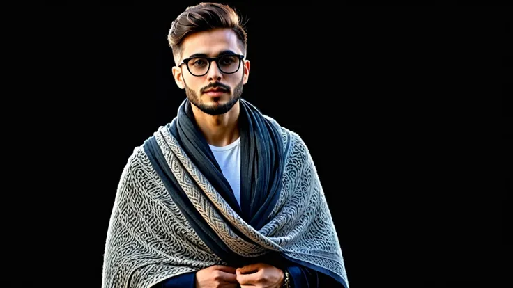 wide field of view, centred, dynamic pose, beautiful modern and elegant young man with side pose standing 
having short beard with expressive eye glasses and shawl on shoulders , highy detailed, 4K, hdr, sharp focus, high resolution, excellent composition,...