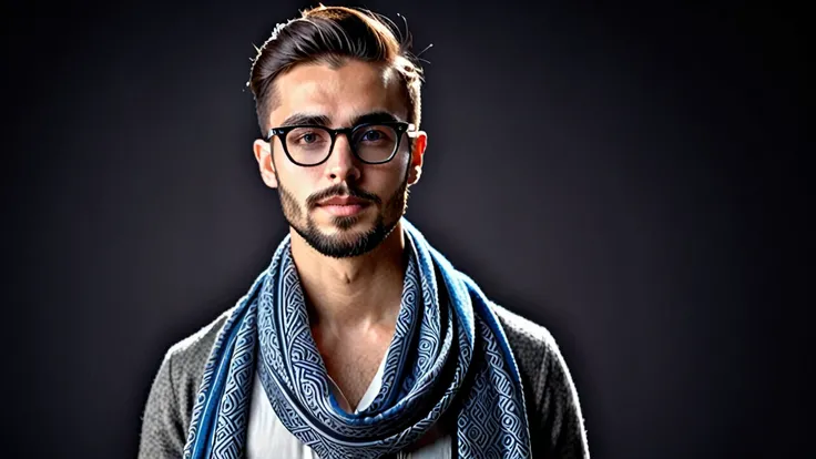 wide field of view, centred, dynamic pose, beautiful modern and elegant young man with side pose standing 
having short beard with expressive eye glasses and shawl on shoulders , highy detailed, 4K, hdr, sharp focus, high resolution, excellent composition,...