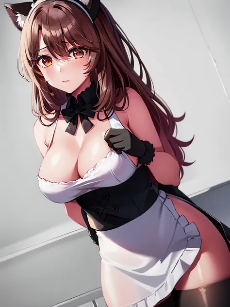 woman,Large Breasts,Maid clothes,Short sleeve,I can see the valley.Cute black gloves,Cat ears headband,Wear tights,Dark brown hair,Large Breasts,maid Cafe