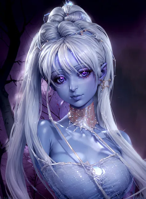 a moon elf greatly resembling paris hilton (age 25, blue skin, violet eyes, silver hair, sheer spider silk lingerie, silver body...