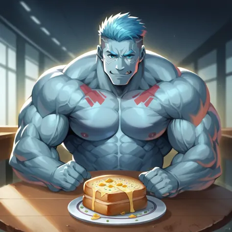 There is a man sitting at a table with a banquet of plates of ham, cheese, bread fresh from the oven and olives., muscular character, amateur man, epic video game art, super realistic food image, epic digital art illustration, muscular characters, muscular...