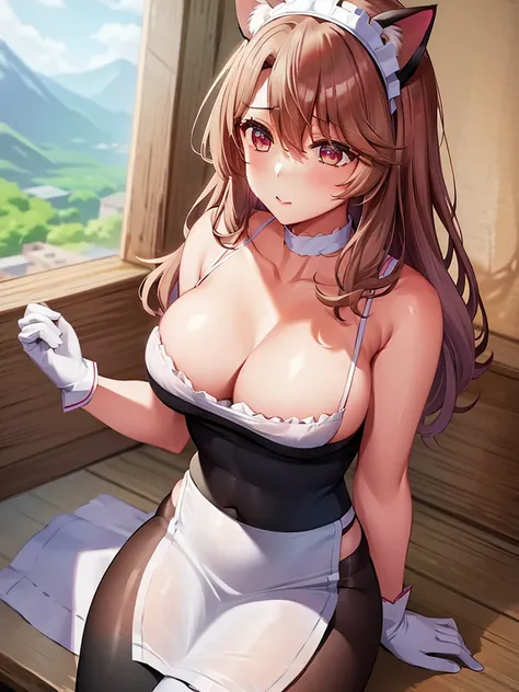 woman,Large Breasts,Maid clothes,Short sleeve,I can see the valley.Cute black gloves,Cat ears headband,Wear tights,Large Breasts,maid Cafe