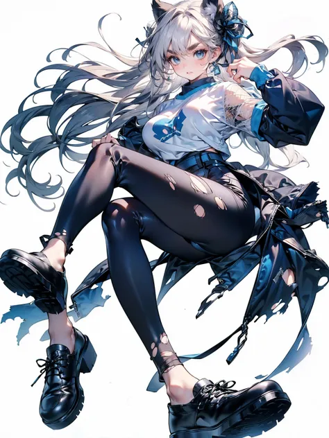 , (White Hair Girl), (Thick, dark blue eyebrows:1.4), (Dark blue eyebrows:1.7), (Thick eyebrows:1.3), (Huge black fluffy animal ears:1.1), (Black animal ears:1.1), BREAK, (((Mesh Stitching Crop T-Shirt, Cutout Long Sleeve Top))),BREAK, (Big Breasts:1.2, Th...