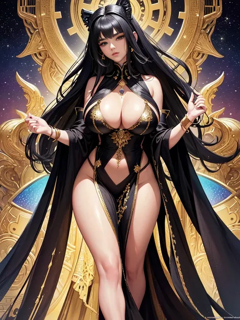 (masterpiece, top quality, best quality, official art, beautiful and aesthetic:1.2), (1girl), black hair, black eyes, voluptuous, black gown and robe, big chest, beautiful shoulders, beautiful navel, beautiful thighs, beautiful legs, diamonds, gold, silver...