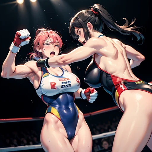 Two injured Japanese female heavyweight boxers fighting vigorously in the ring。Dynamic punch exchange。Sweating a lot。One eye closed, out of breath。Drooling。Boxing gloves。High leg leotard。Erect nipples。Muscular。Six Pack Abs。Very thick arms and thighs。Super ...