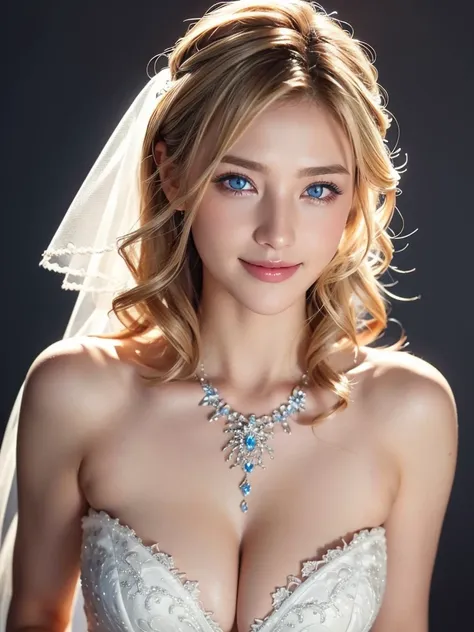 Wedding dress、a wedding ceremony、blue eyes、blonde、幸せな顔short hair、Full body photo、Sexy Face、short hair、 (((masterpiece)))、((Highest quality))、((超Realistic))、perspective、Very detailed、The perfect temptation、Best image quality、Fine-grained image quality、beaut...