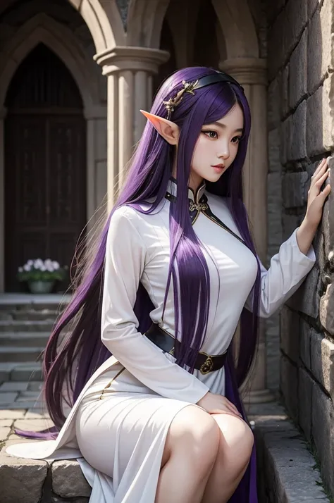 Long Purple hair, Vietnamese, beautiful 23 year old woman, very attractive, brown eyes, elf ears, very cute, thin athletic body, wearing long black dress in stone castle, petting large white wolf