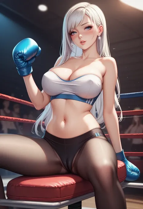 A slim beautiful girl,15 years old，Good shape，Pretty Face，detailed picture, blush，White long hair, Wearing a strapless sports bra, Wearing black tights, Wearing boxing gloves, Alone and riding on the opponent in a sexy position，Large Breasts,Cleavage,Thin ...