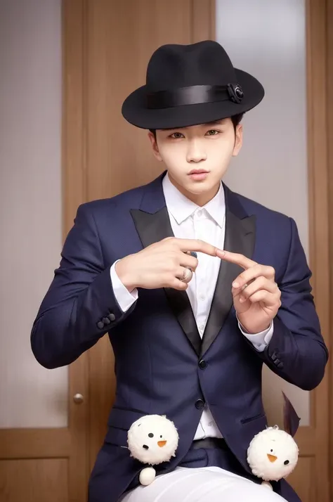 arafed man in a suit and hat posing for a picture, in style of lam manh, jungkook, inspired by taehyung, handsome, jungkook, pet...