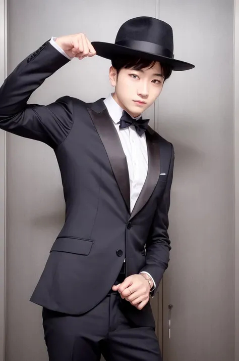 arafed man in a suit and hat posing for a picture, in style of lam manh, jungkook, inspired by taehyung, handsome, jungkook, pet...