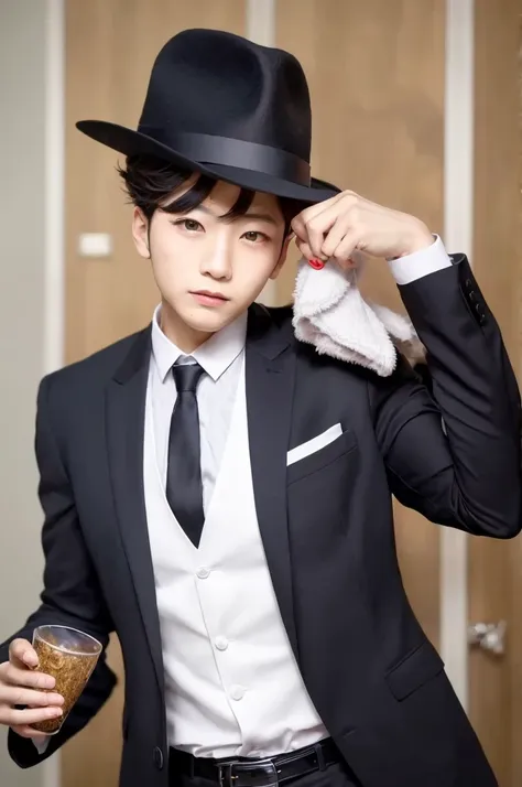 arafed man in a suit and hat posing for a picture, in style of lam manh, jungkook, inspired by taehyung, handsome, jungkook, pet...