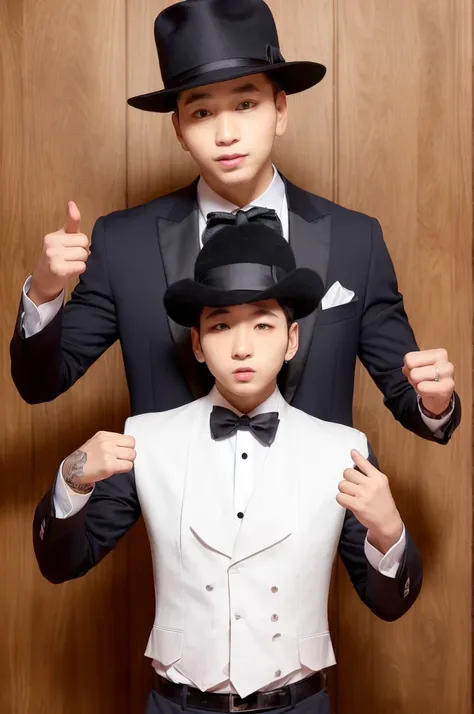 arafed man in a suit and hat posing for a picture, in style of lam manh, jungkook, inspired by taehyung, handsome, jungkook, pet...