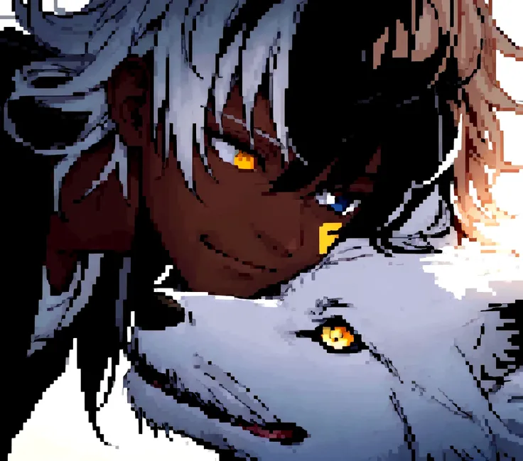 white  shirt, wearing a black hoodie , yellow and black eyes heterochromia, calm smile expression, Messy hair , Medium length hair , 1 men , multicolored black and white hair , two tone hair , dark skin color , with a white wolf , the two staring at each o...