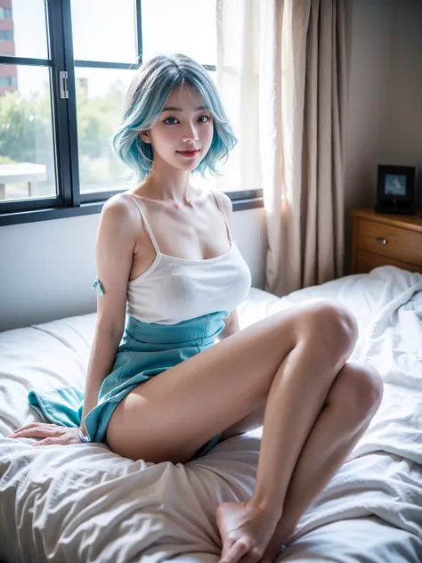 Furina from Genshin Impact, 18 years old girl, (Raw photo, Best Quality), (Realistic, Photorealsitic:1.3), masterpiece, Extremely delicate and beautiful, Soft light, (beautiful white and blue hair, Shoulder-length straight hair swaying in the wind), Beauti...