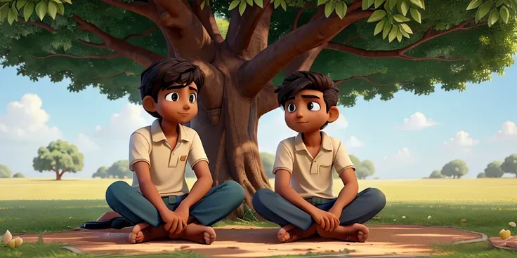 Sad Moments: Illustrate a moment of sadness where Mohan and Sohan comfort each other, perhaps sitting under a tree with somber expressions.4k