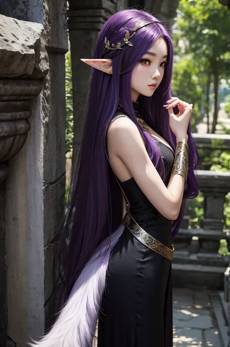 Long Purple hair, Vietnamese, beautiful 23 year old woman, very attractive, brown eyes, elf ears, very cute, thin athletic body, wearing long black dress in stone castle, petting small white wolf