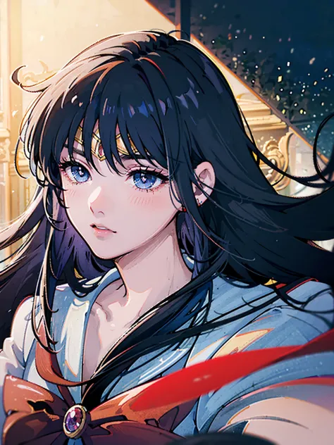 masterpiece, Highest quality, 8k Sailor Mars, Unhealthy face;1.5, Dark Eyes;1.5, Dark circles under the eyes, Long Hair, Long Bangs, Eyes through the bangs, Big eyes,　Blue Eyes, Bust Shot