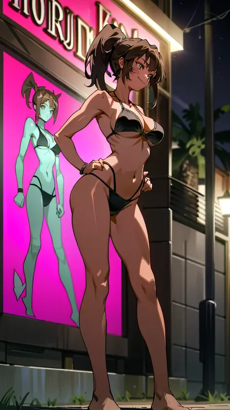 Masterpiece, best quality, Masterpiece, best quality, 1 woman, brown hair ponytail , sly face , smile , pink bikini , abdomen, big breasts , Long legs , Barefoot , Put your hands on your hips. , stand perfectly erect , Racetrack , nighttime