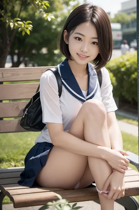 Pure Japanese school girl, sexual attractive, outstanding body, beautiful legs, shiny white skin, wearing loose uniform, panty, natural short hairstyles, sweet smile, sitting on bench, refreshing in early summer morning, composition from the front, 