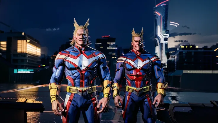 Cinematic photo of a realistic cyberpunk::2 version of All Might from My Hero Academia::2, standing tall on a futuristic city skyline with neon lights and digital billboards::1. All Mights costume is an advanced, armored suit with glowing blue and red acce...