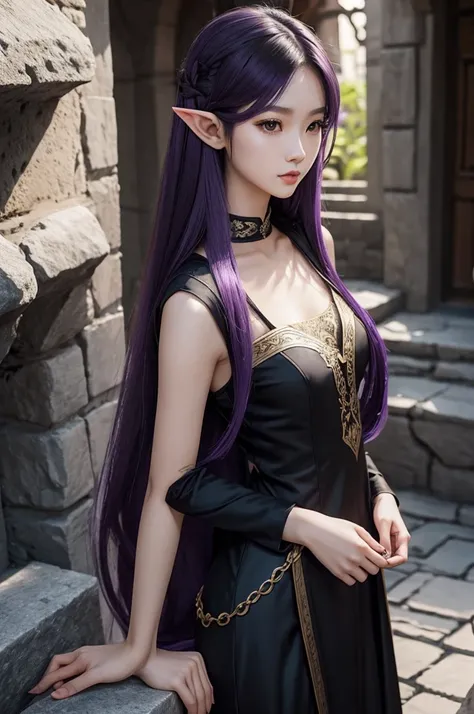 Long Purple hair, Vietnamese, beautiful 23 year old woman, very attractive, brown eyes, elf ears, very cute, thin athletic body, wearing long black dress in stone castle, petting small white wolf puppy