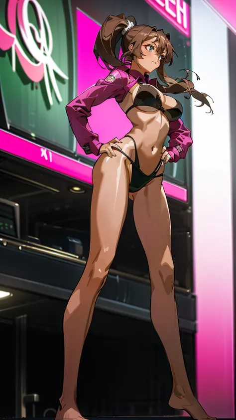 Masterpiece, best quality, Masterpiece, best quality, 1 woman, brown hair ponytail , sly face , smile , pink bikini , abdomen, big breasts , Long legs , Barefoot , Put your hands on your hips. , stand perfectly erect , Racetrack , nighttime