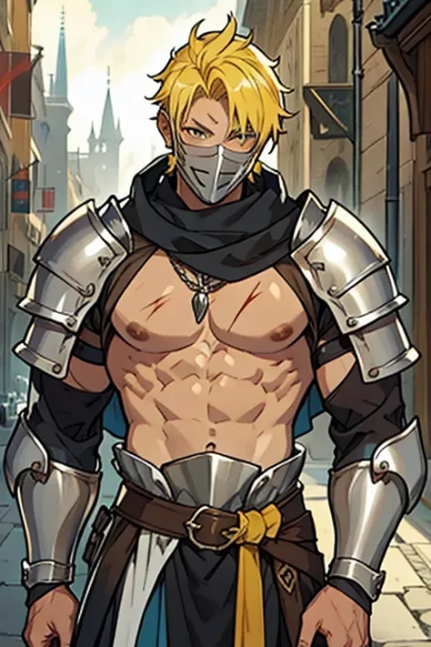 man, short yellow hair, classic medieval knight, silver face masks, silver armor, bare chest, with scars on the skin, BROWN SKIN 