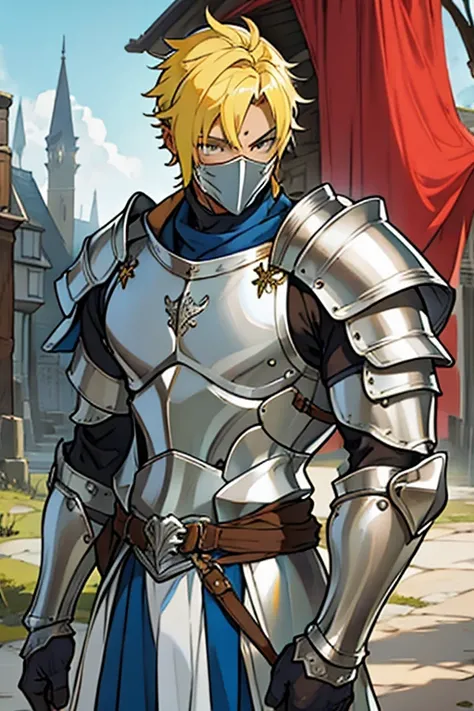 man, short yellow hair, classic medieval knight, silver face masks, silver armor, bare chest, with scars on the skin, BROWN SKIN 