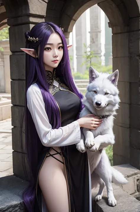 Long Purple hair, Vietnamese, beautiful 23 year old woman, very attractive, brown eyes, elf ears, very cute, thin athletic body, wearing long black dress in stone castle, petting large white wolf puppy