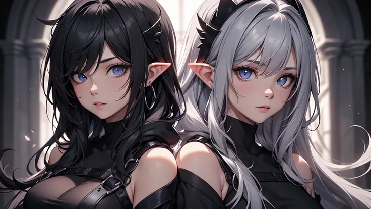 White elf girl, dark grey hair colour, very long flowing hair, grey eye colour, small eyes, Round eye shape, eyeliner, Realistic face shape. black shirt, portrait, wears a black hood, black backdrop, depth of field. look into the camera, dreamy look detail...