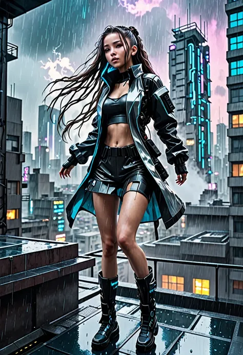 Cyberpunk city building rooftop。The weather is rainy。A small, beautiful girl with long hair dressed in a futuristic outfit is about to jump off a building。
Steam-like vapor wafts from the buildings in the city.
