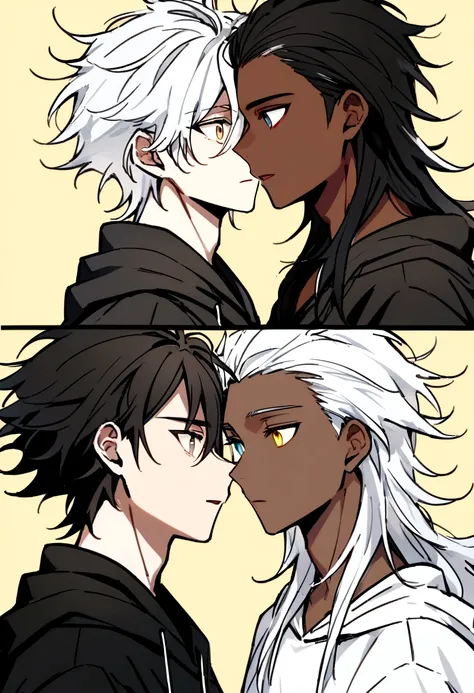 white  shirt, wearing a black hoodie , yellow and black eyes heterochromia, expression of surprise, Messy hair , Medium length hair , 1 men , multicolored black and white hair , two tone hair , dark skin color , with a white wolf , the two staring at each ...