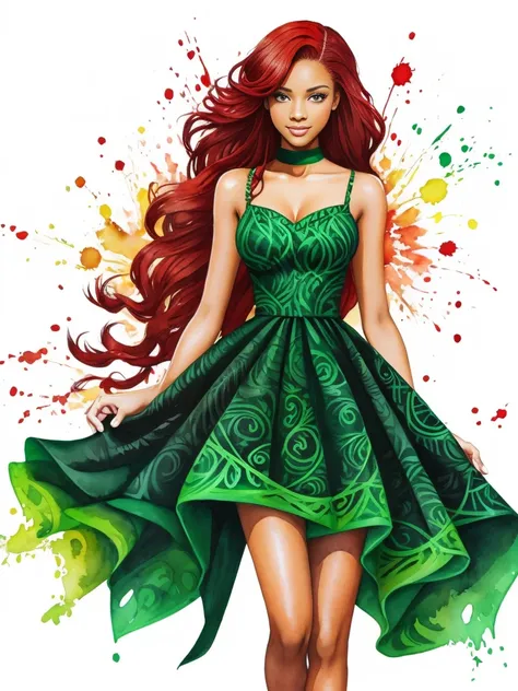 Black woman with red hair and bright green eyes, Wear elegant party clothes, Scattered outlines and white background, Intricate details, Modest, watercolor, splash