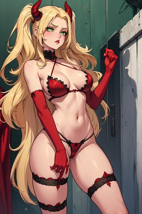 cute young girl with slender body and Gray-green eyes, long blonde hair and small red horns on the head, black lips, thick ass and legs, flat breast, flat tits, black butterfly on the neck, red bra with a white insert, long red silk gloves, long red silk s...