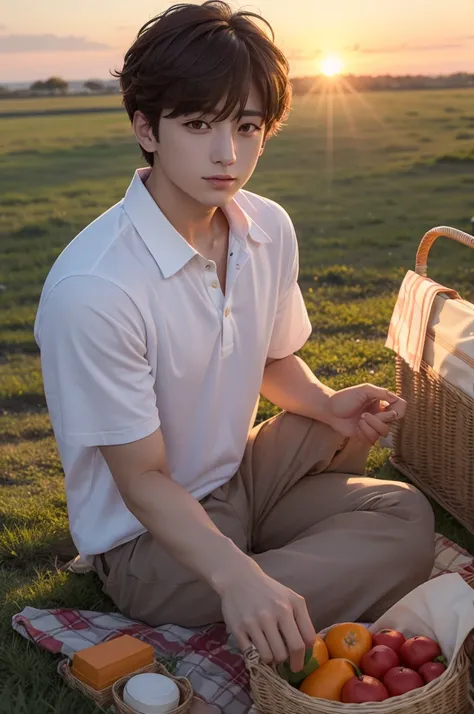 create a picture of jungkook on a picnic during sunset, he is facing the camera a little shy. the bright orange light of the sun reflects on his skin